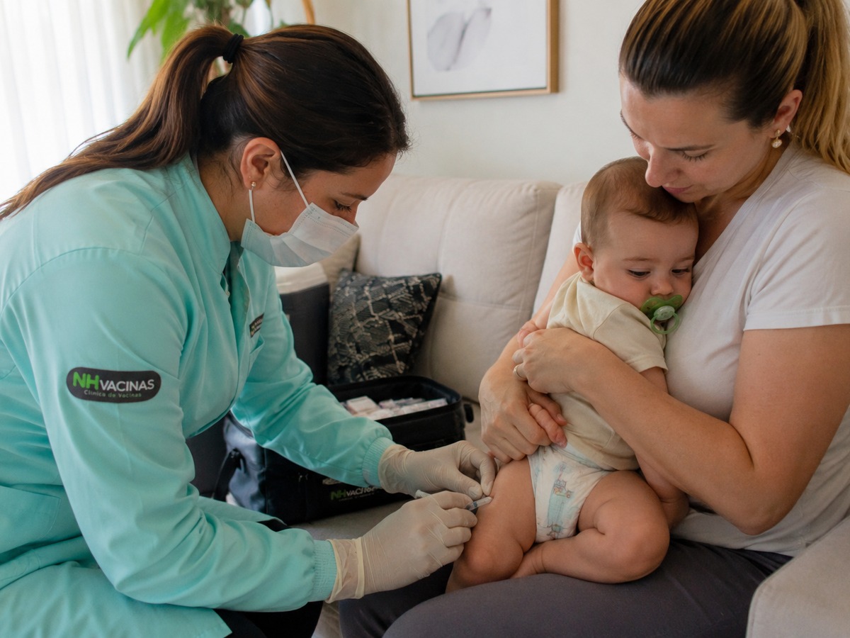 Profissional da NH Vacinas de uniforme aplicando vacina em bebê no colo da mãe, em atendimento domiciliar