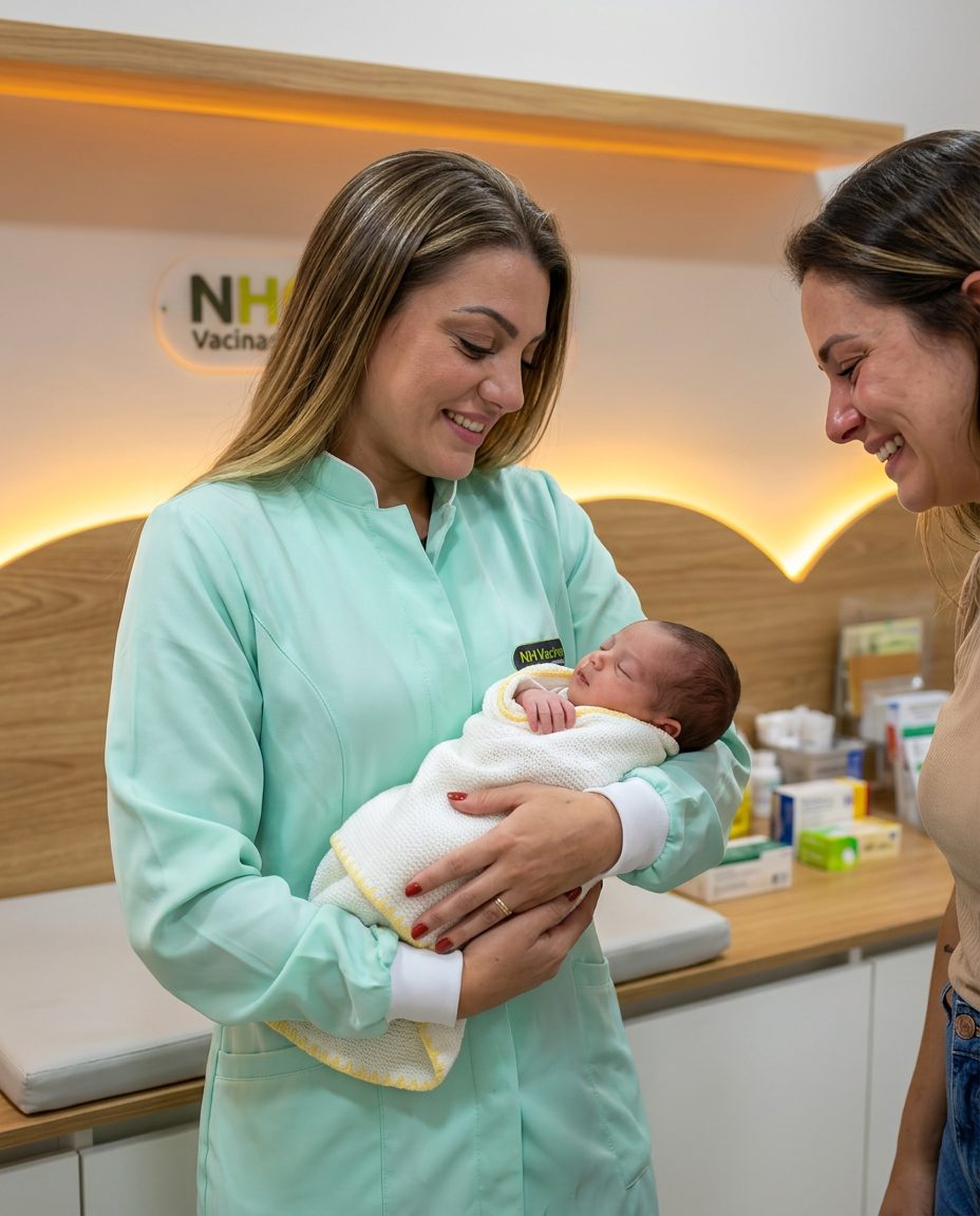 Recém-nascido e família em atendimento com profissional da NH Vacinas