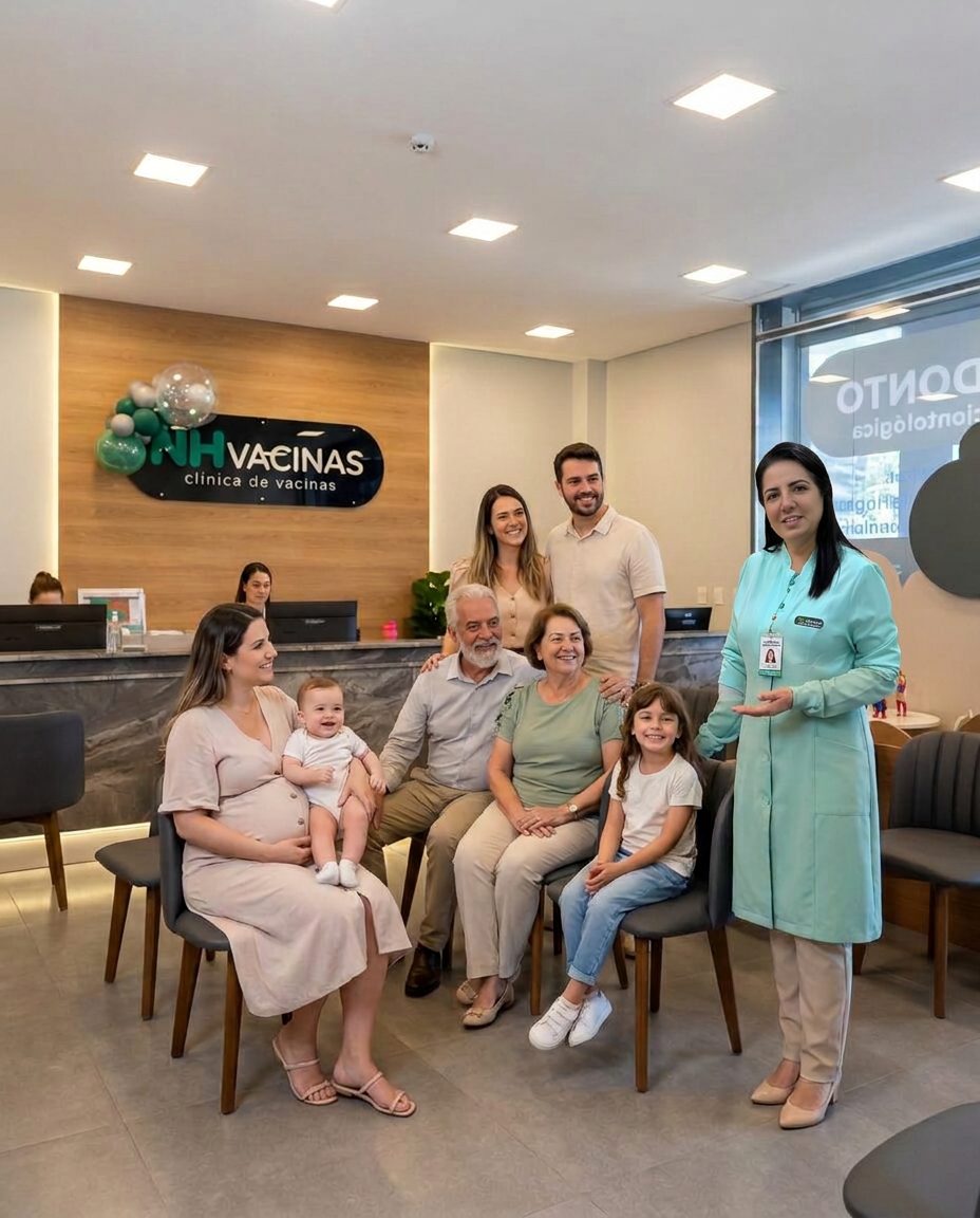 Família multigeracional completa — criança, mãe, pai, avós, bebê e gestante — na recepção da NH Vacinas, recebida por profissional da clínica
