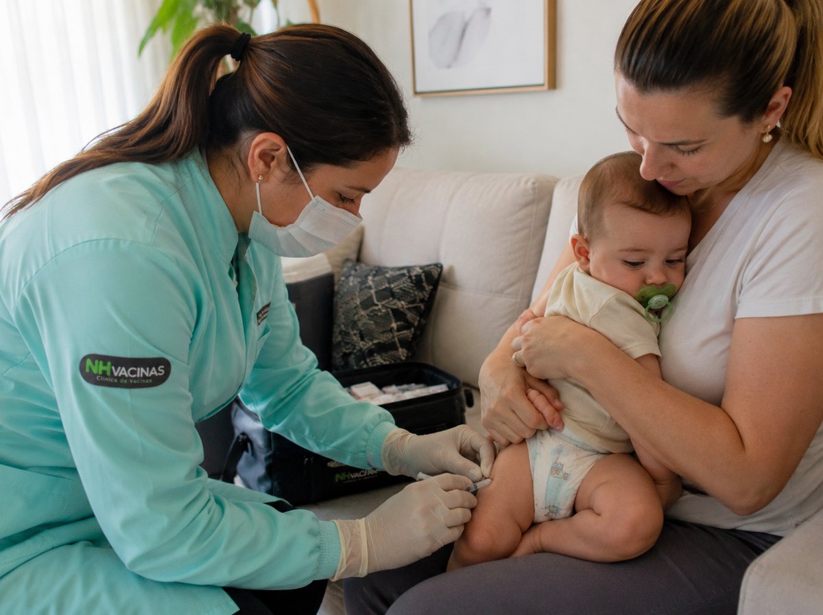 Profissional da NH Vacinas de uniforme aplicando vacina em bebê no colo da mãe, durante atendimento domiciliar na sala de estar de uma residência