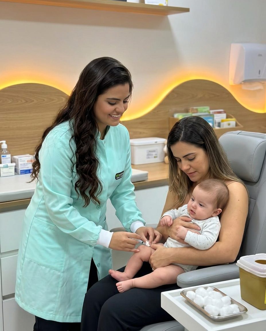 Bebê e família em atendimento com profissional da NH Vacinas