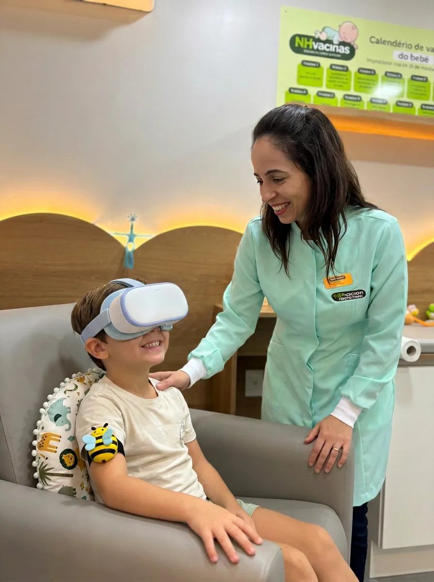 Natália, profissional da NH Vacinas, acolhendo uma criança sentada na poltrona da clínica usando o visor fechado de realidade virtual que exibe vídeo e o dispositivo Buzzy em formato de abelha no braço